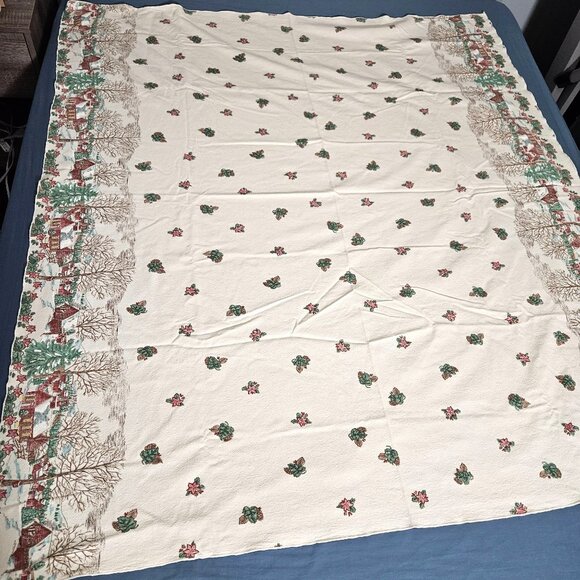 Winter Rustic Rectangle Tablecloth Linen Cloth Cover White Green Brown 61" x 55" - Picture 5 of 10